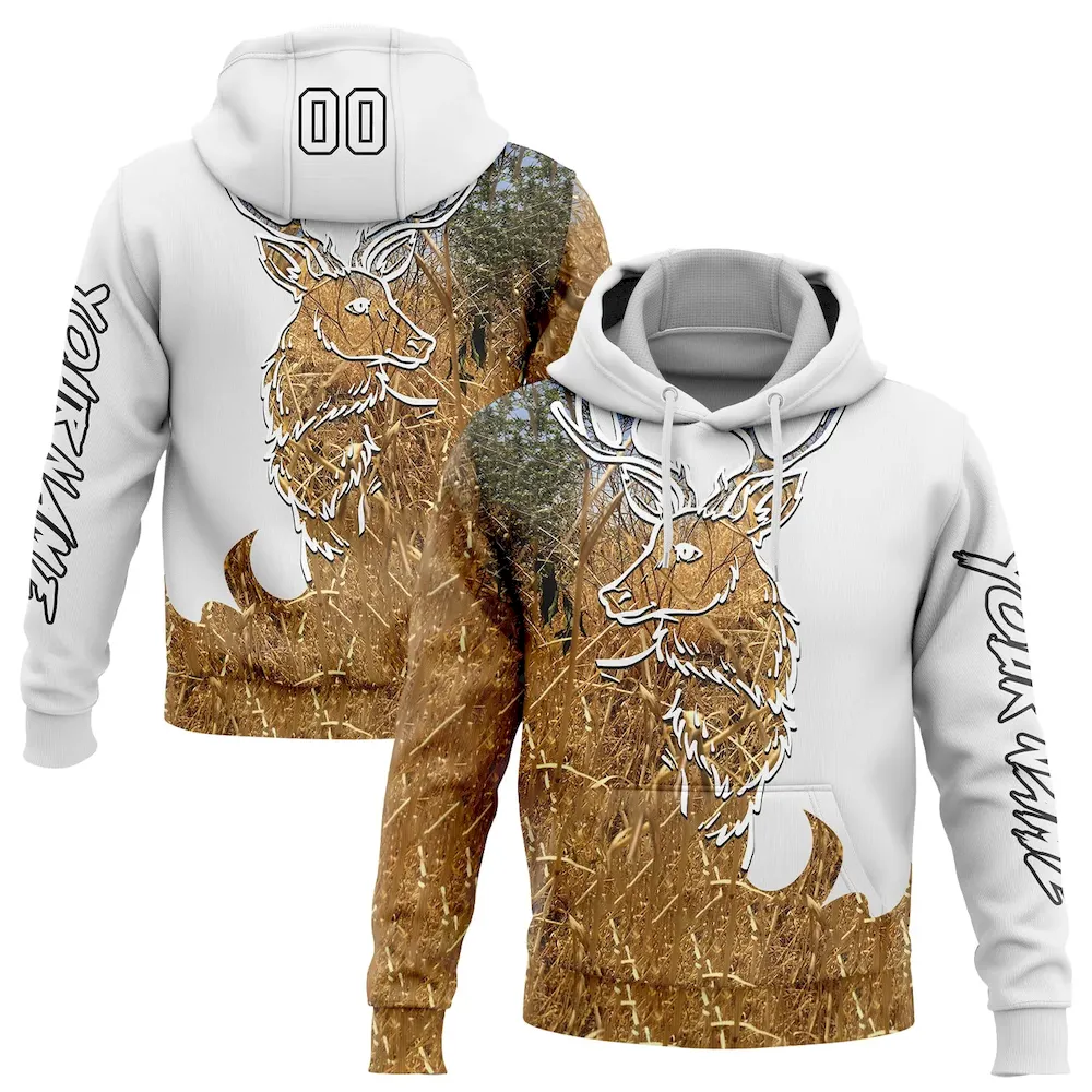 3DPattern5794.webp Custom Stitched White Black-Old Gold 3D Deer Hunting Sports Pullover Sweatshirt Hoodie - Image 1