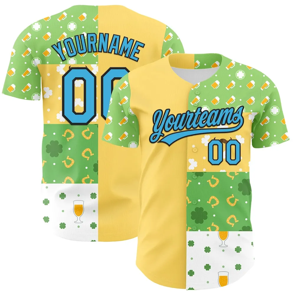 3DPattern6645.webp Custom Green Sky Blue Light Yellow-Black 3D St. Patrick's Day Shamrock Beer Authentic Baseball Jersey - Image 1