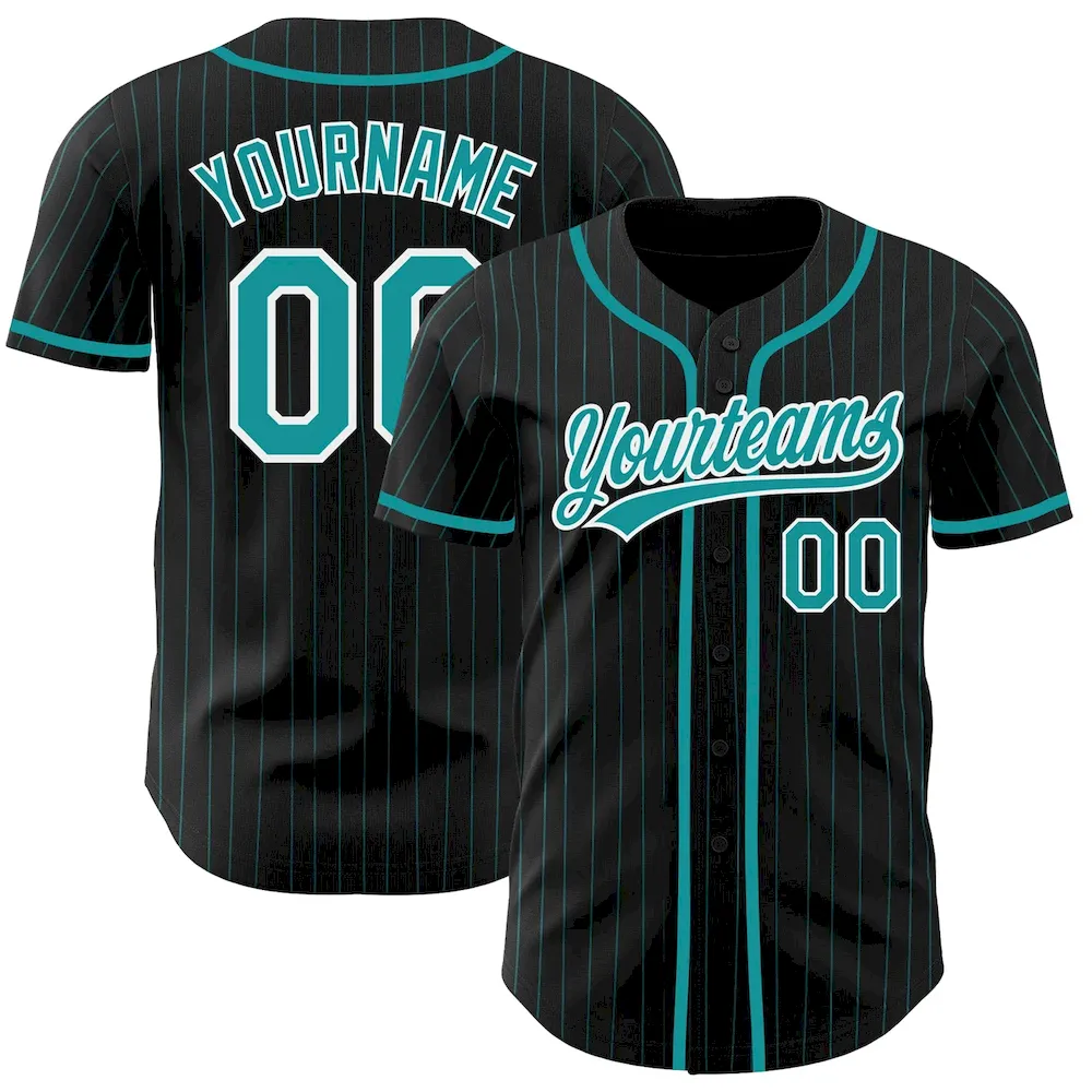Black1356.webp Custom Black Teal Pinstripe Teal-White Authentic Baseball Jersey - Image 1