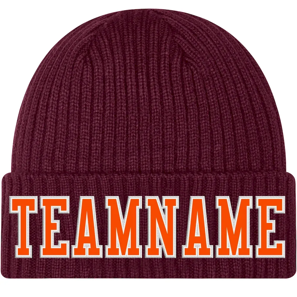 Burgundy0063.webp Custom Burgundy Orange-White Stitched Cuffed Knit Hat - Image 1