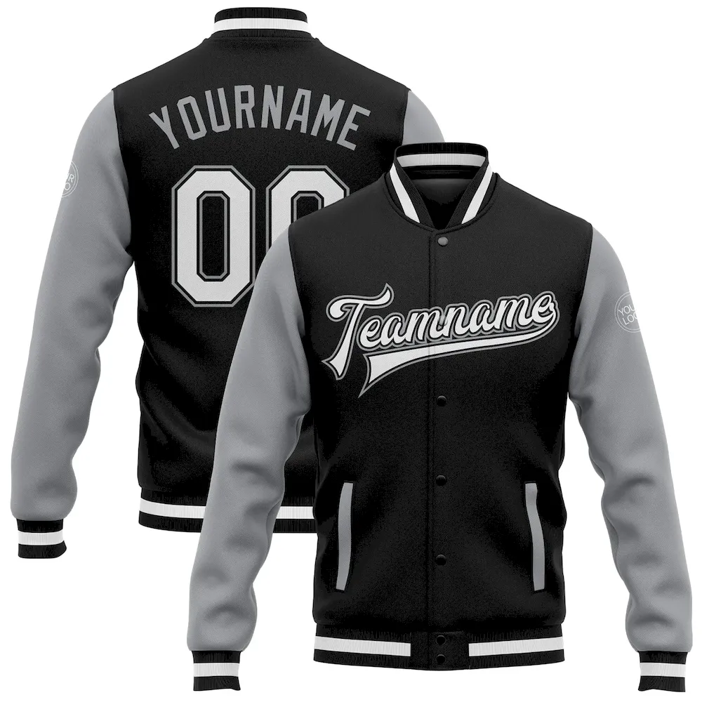 Jacket0089_f791d563-7d7a-4b06-ae7e-f5a99b6209f6.webp Custom Black White-Gray Bomber Full-Snap Varsity Letterman Two Tone Jacket - Image 1