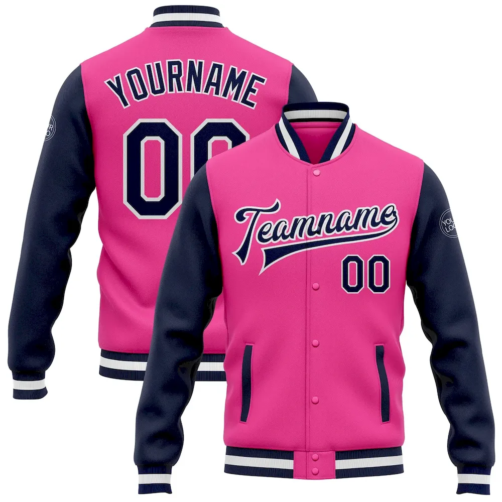 Jacket0736.webp Custom Pink Navy-White Bomber Full-Snap Varsity Letterman Two Tone Jacket - Image 1