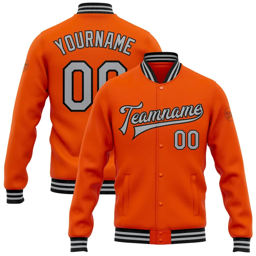 Jacket1353.webp Custom Orange Gray-Black Bomber Full-Snap Varsity Letterman Jacket - Image 1