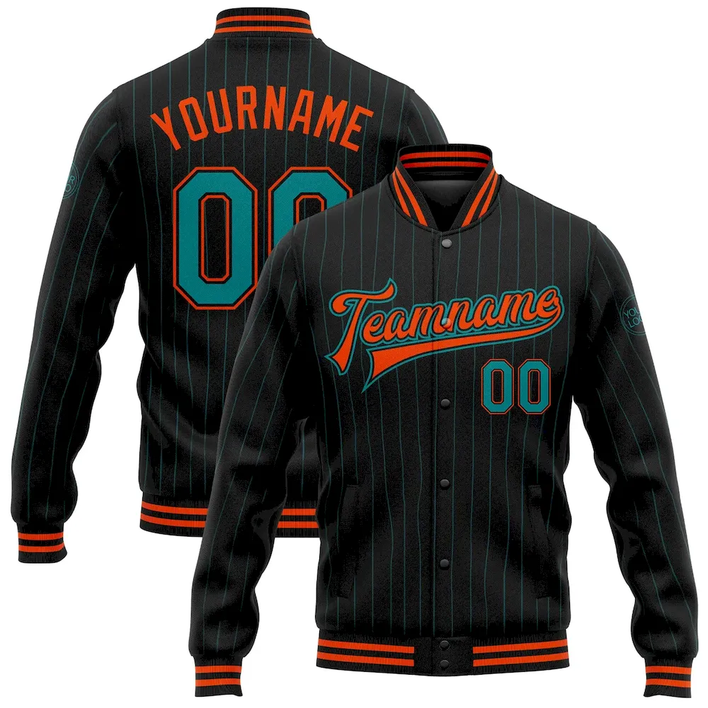 Jacket1403.webp Custom Black Teal Pinstripe Orange Bomber Full-Snap Varsity Letterman Jacket - Image 1