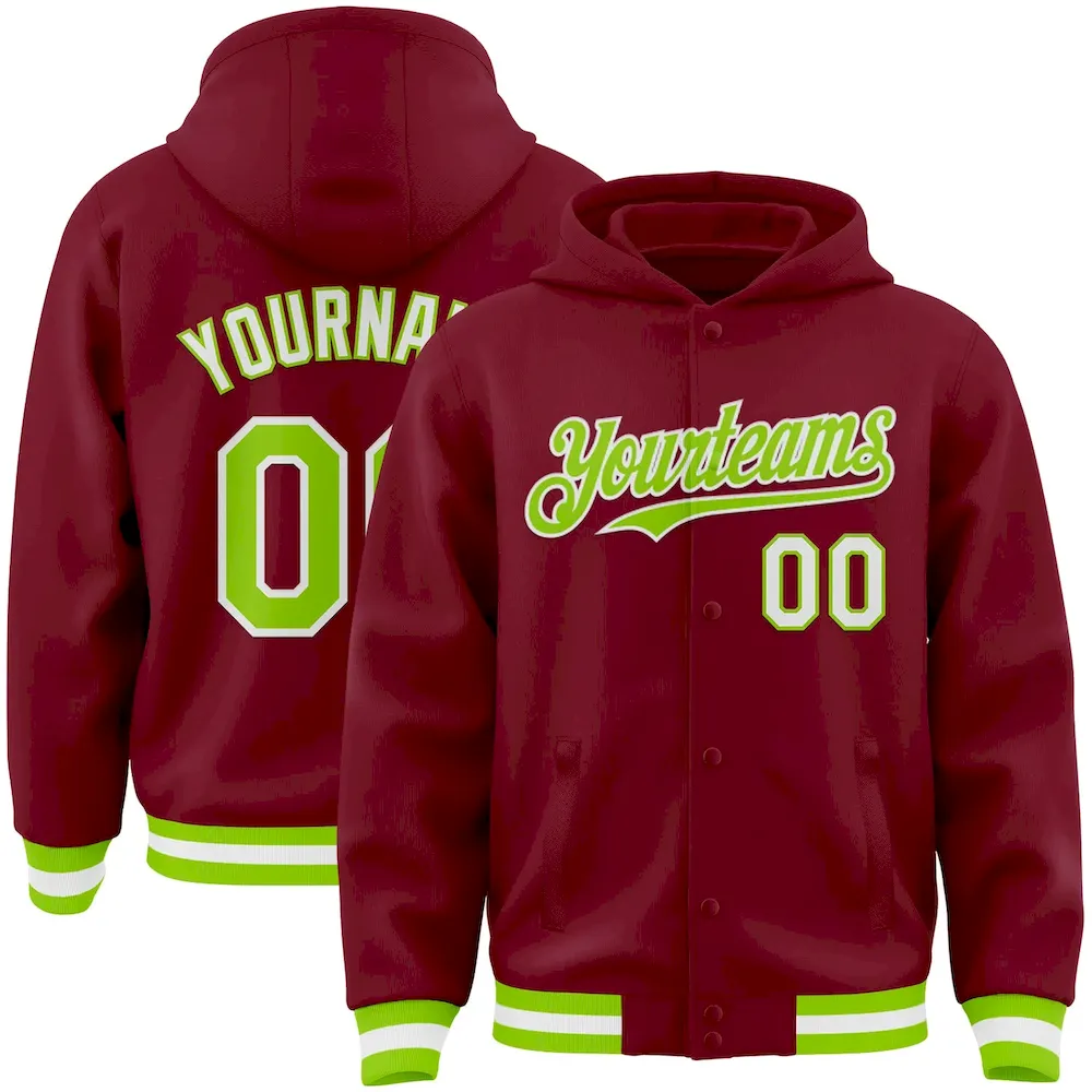 Jacket3743.webp Custom Crimson Neon Green-White Bomber Full-Snap Varsity Letterman Hoodie Jacket - Image 1