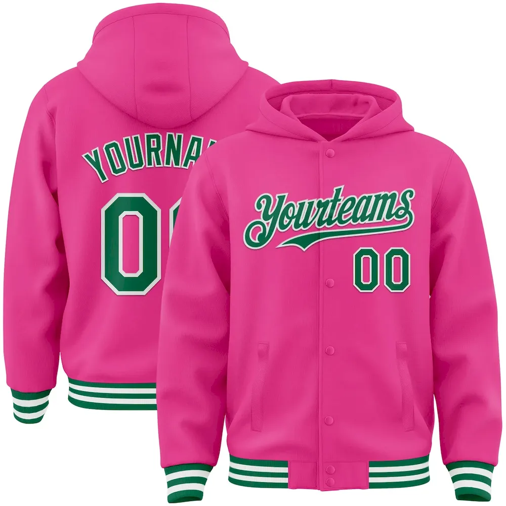Jacket4098.webp Custom Pink Kelly Green-White Bomber Full-Snap Varsity Letterman Hoodie Jacket - Image 1