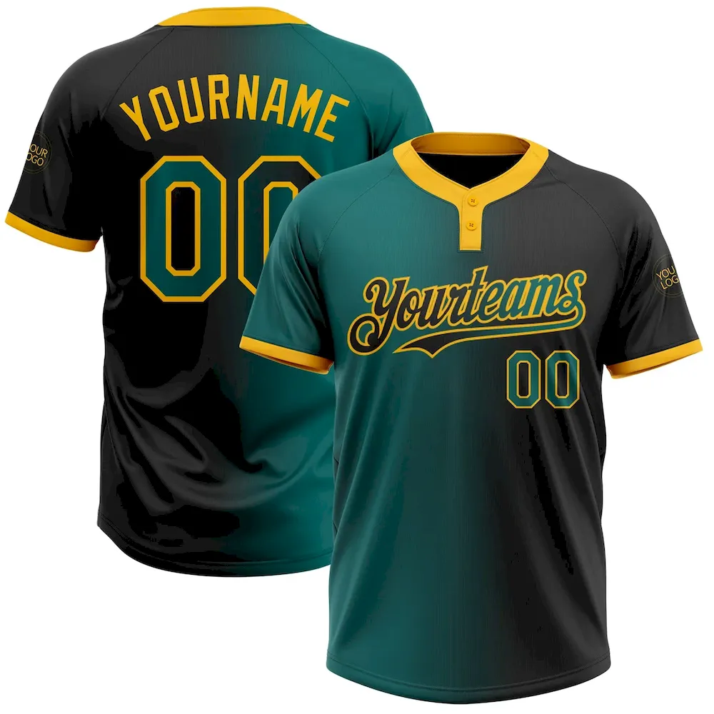 Softball1398.webp Custom Black Teal-Gold Gradient Fashion Two-Button Unisex Softball Jersey - Image 1