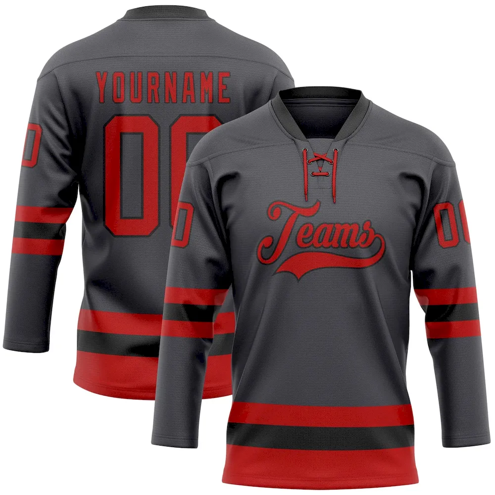 SteelGray0073.webp Custom Steel Gray Red-Black Hockey Lace Neck Jersey - Image 1